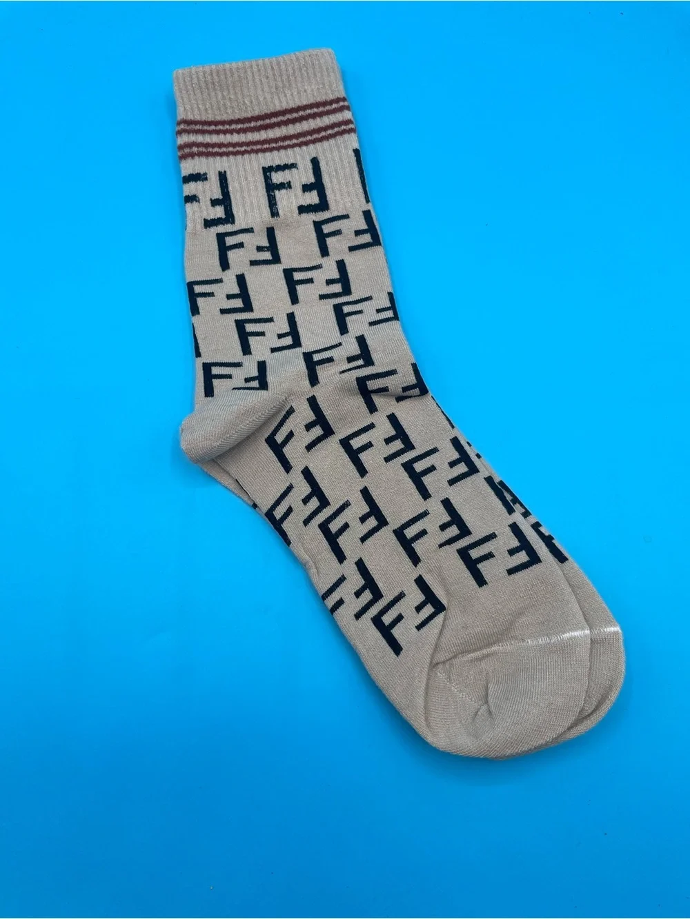 3 Pair Fendi Beige Crew Socks with Black FF Monogram and Brown Stripe - Picture 3 of 3